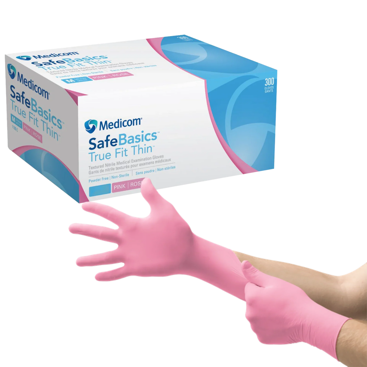 Person putting on pink nitrile medical examination gloves with box of Medicom SafeBasics True Fit Thin gloves