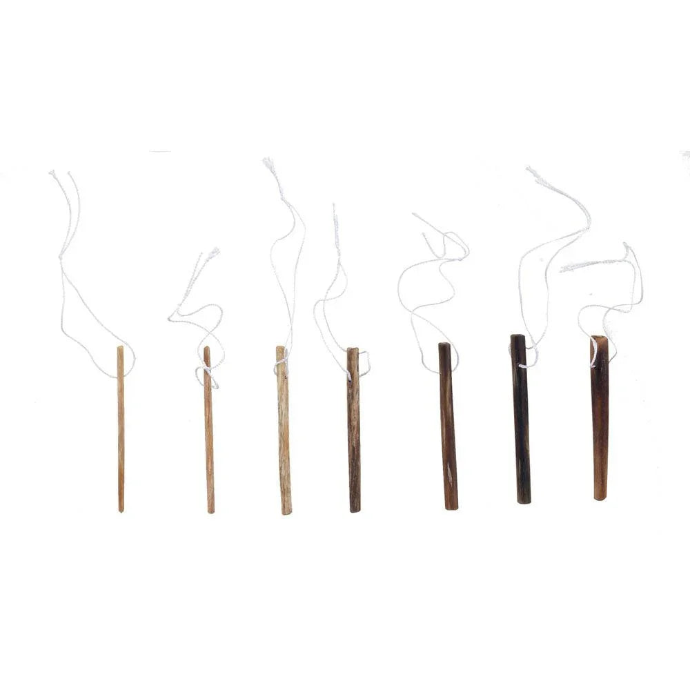 Assorted wooden tongue depressors with attached strings on white background
