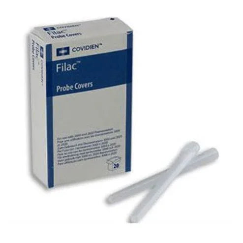 Box of Covidien Filac probe covers with two white probe covers for medical thermometers