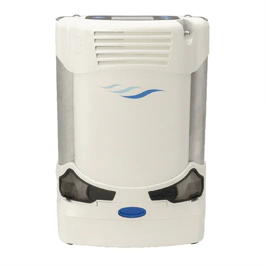 Portable medical oxygen concentrator white unit with blue accents front view