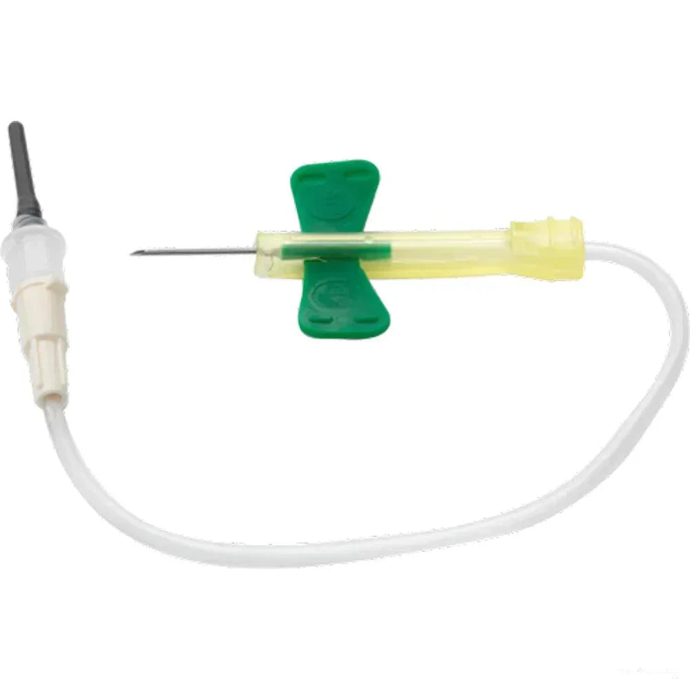 Butterfly winged infusion set with green wings and attached tubing for IV or blood draw