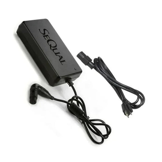 SeQual power adapter with two black cables, medical oxygen concentrator accessory