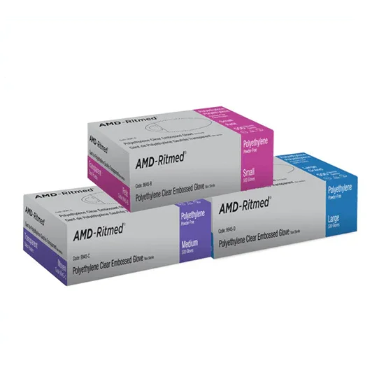 Boxes of AMD-Ritmed polyethylene clear embossed gloves in small, medium, and large sizes