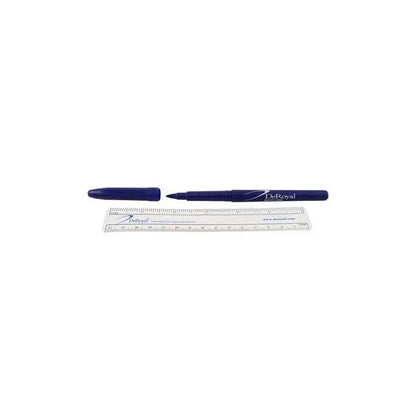 Blue surgical skin marker pen with cap and transparent medical ruler on white background