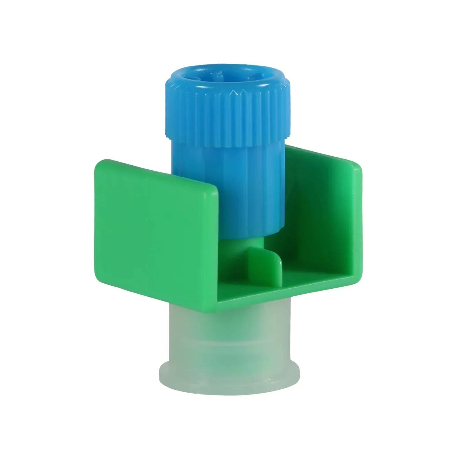 IV spike adapter with green and blue plastic components, medical supply fitting