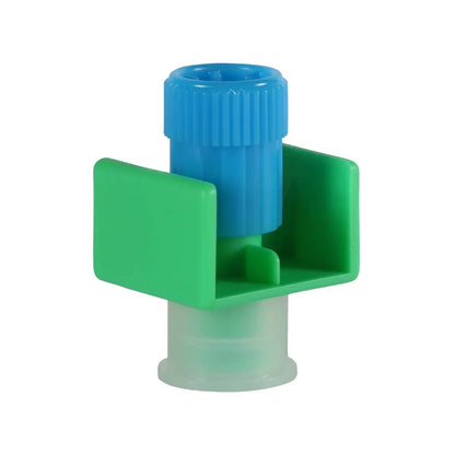 IV tubing cap with blue and green plastic components for medical fluid management