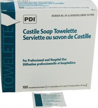 PDI Castile soap towelette box for hospital and professional medical use, 100 count.