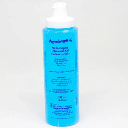 Wavelength MP multi-purpose ultrasound gel 250ml medical supply bottle, blue label