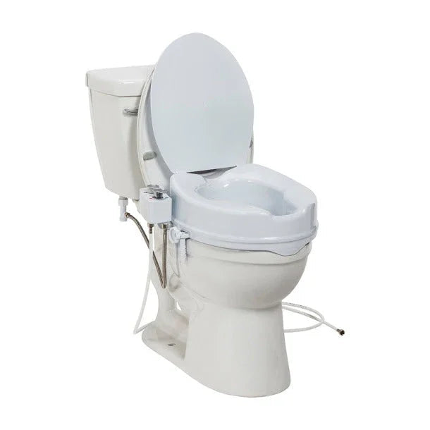Raised toilet seat with attached bidet and support handles for home care and medical use
