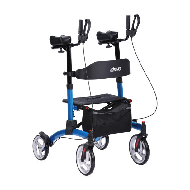Blue four-wheel rollator walker with forearm supports and storage bag for mobility assistance