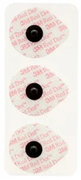 Three 3M Red Dot ECG electrode pads with snap connectors for medical monitoring