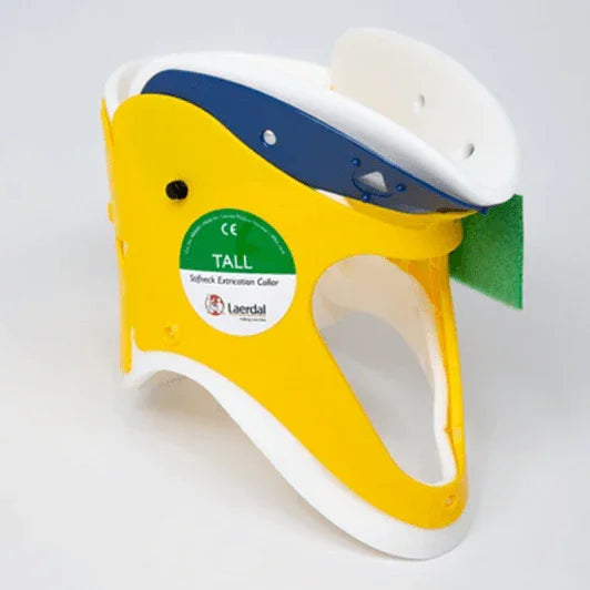 Yellow and white cervical neck collar for medical neck support, labeled tall size.