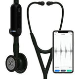 Black digital stethoscope with smartphone displaying heart sound graph, medical device