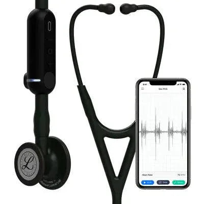 Black digital stethoscope with smartphone displaying heart sound graph, medical device