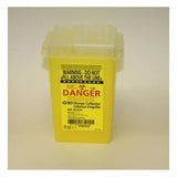 Yellow 1L BD sharps collector container with biohazard warning label and clear lid for safe needle disposal.
