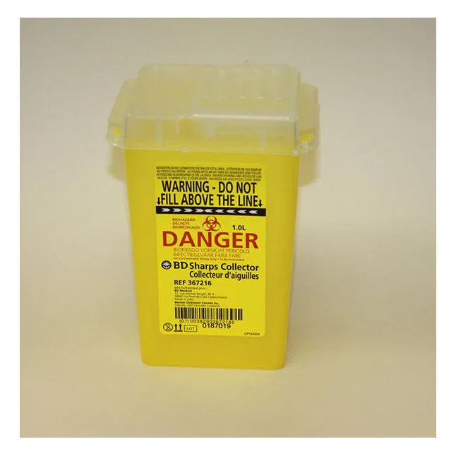 Yellow 1L BD sharps collector container with warning label for safe needle disposal
