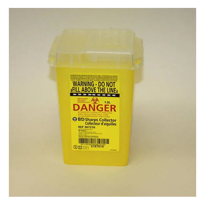 Yellow 1L biohazard BD sharps container with warning label for safe needle disposal