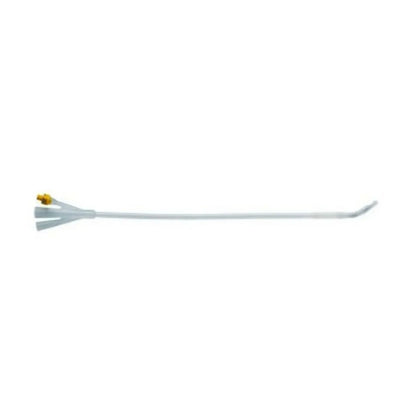 Foley catheter medical tube with angled tip and dual ports on white background