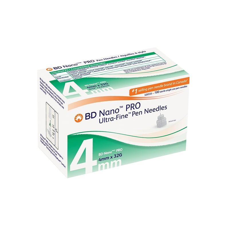 BD Nano PRO Ultra-Fine pen needles box, 4mm x 32G, medical injection supplies.