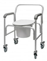 Mobile commode chair with armrests, wheels, and removable seat for home care use