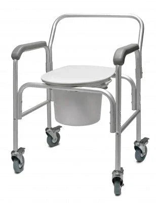 Mobile commode chair with armrests, wheels, and removable seat for home care use