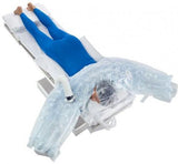 Patient on hospital bed covered with upper body warming blanket for temperature management