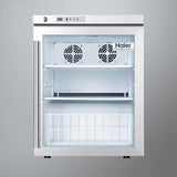 Medical refrigerator with glass door, digital control panel, and interior shelves