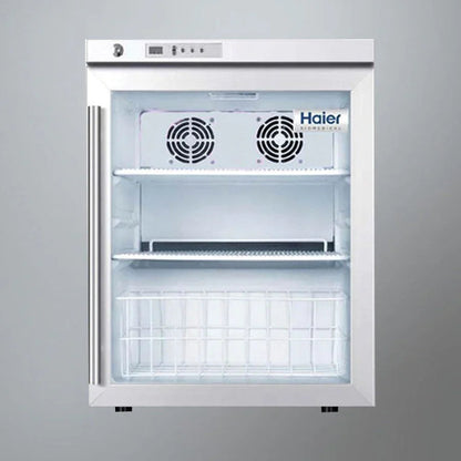 Medical refrigerator with glass door, digital control panel, and interior shelves