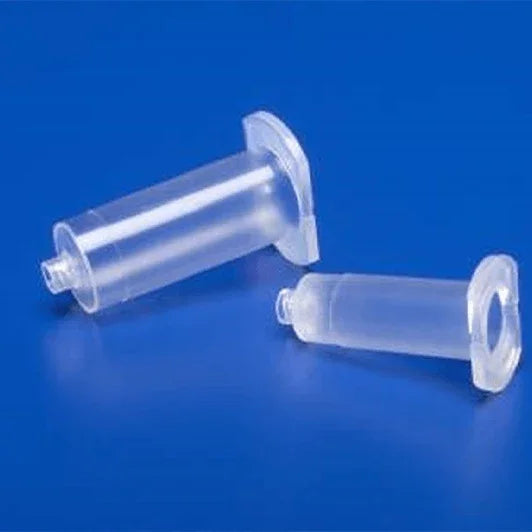 Two clear plastic medical syringes without needles on a blue background