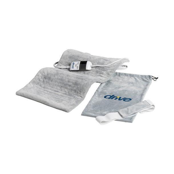 Gray electric heating pad with controller, storage pouch, and strap for pain relief