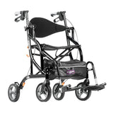 Lightweight black folding transport wheelchair with four wheels and ergonomic handles
