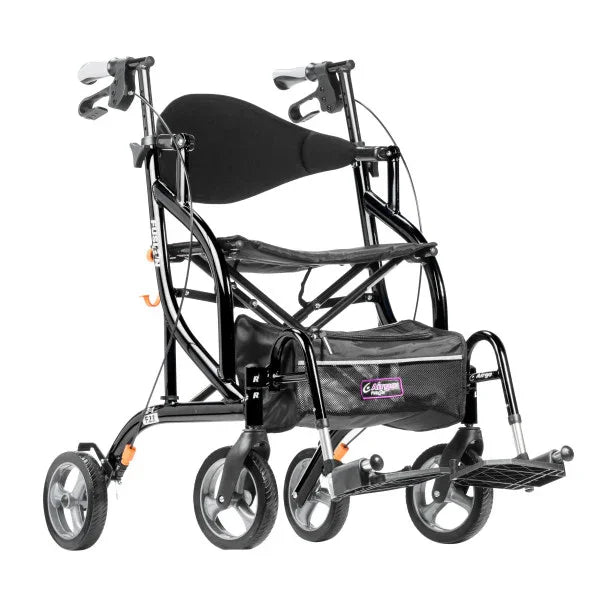 Lightweight black folding transport wheelchair with four wheels and ergonomic handles