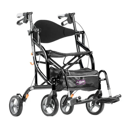 Lightweight black rollator transport chair with four wheels, padded seat, and footrest