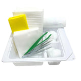 Medical dressing change kit with gauze, cotton balls, forceps, and tray for wound care