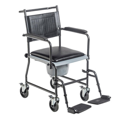 Black rolling commode chair with padded seat, armrests, footrests, and removable bucket