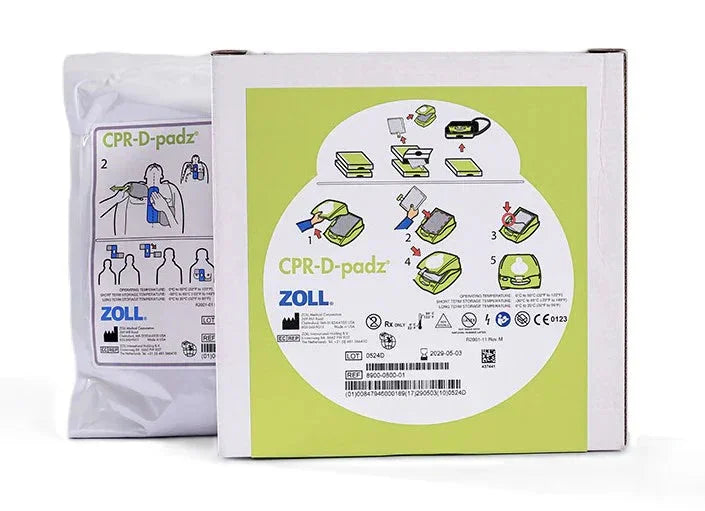 CPR-D-padz electrode pads for AED, instructions and packaging, Zoll medical supply