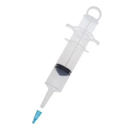 Large plastic medical syringe with blue tip cap, transparent barrel, sterile medical supply