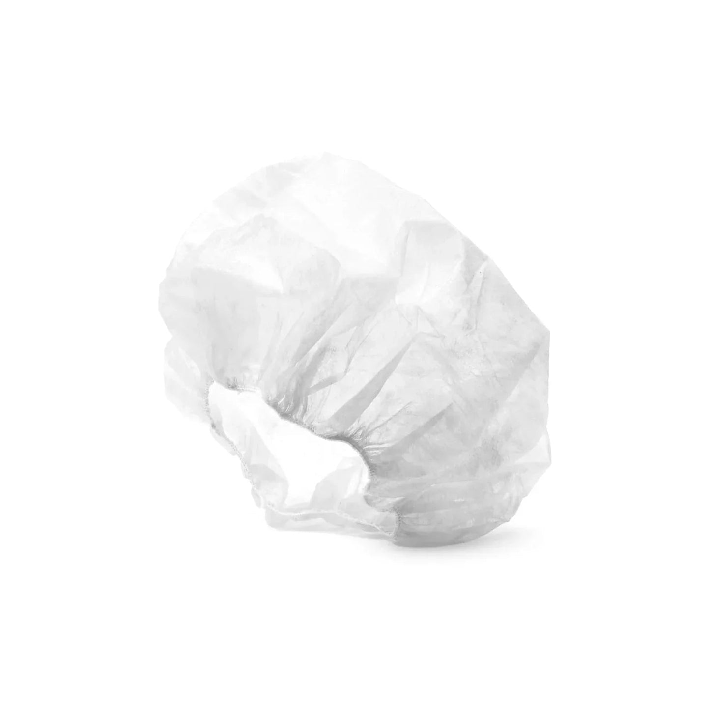 Disposable white bouffant cap for medical, esthetic, or hygiene use on white background