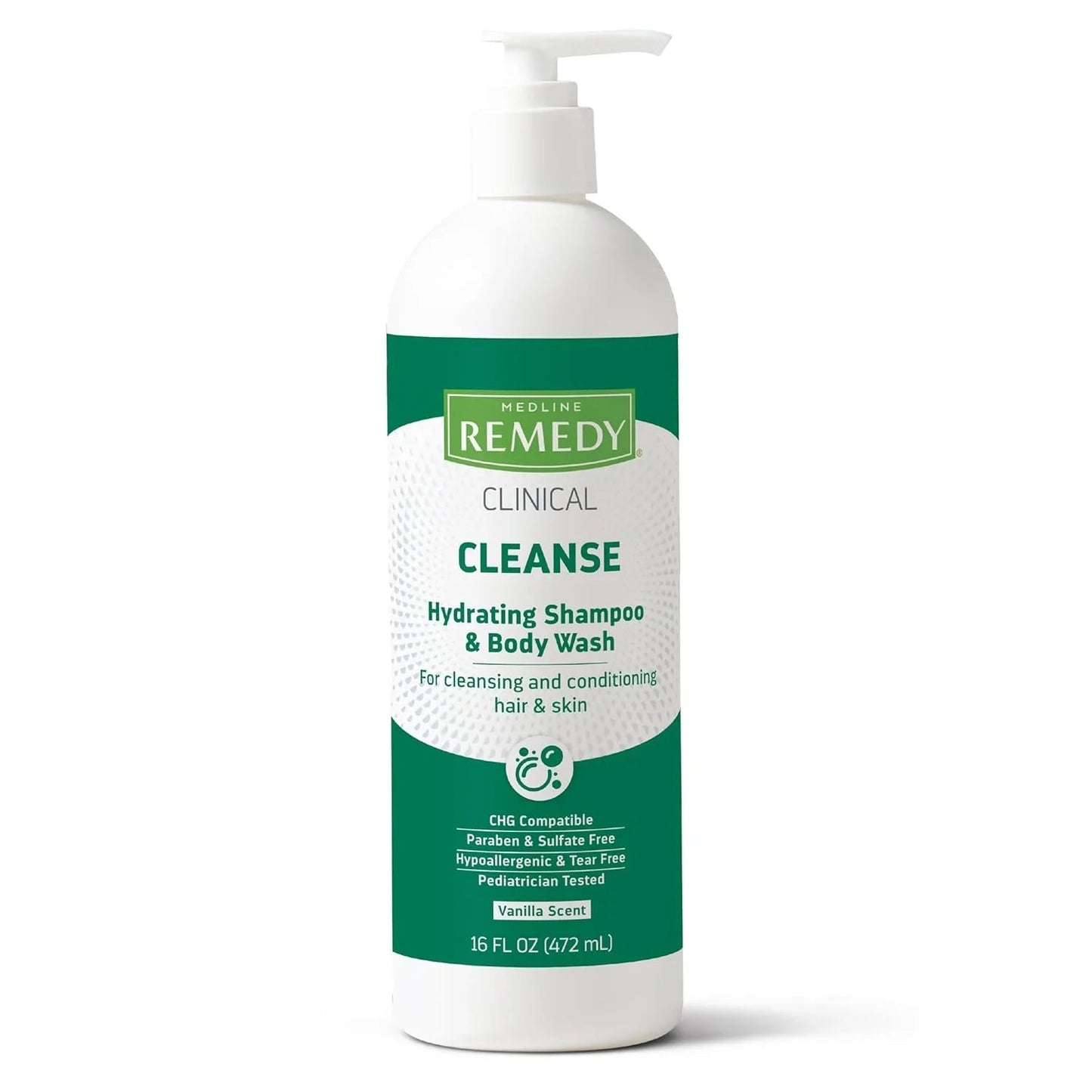 Medline Remedy Clinical Cleanse hydrating shampoo and body wash bottle, 16 oz, green and white label, pump dispenser