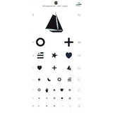 Kindergarten vision test chart with symbols like circle, star, heart, boat, and plus sign.