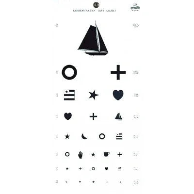 Kindergarten vision test chart with symbols like circle, star, heart, boat, and plus sign.