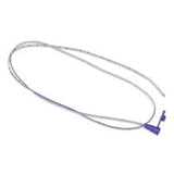 medical feeding tube with measurement markings and purple connector on white background