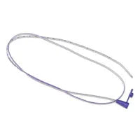 Medical nasogastric feeding tube with clear tubing and blue connector on white background