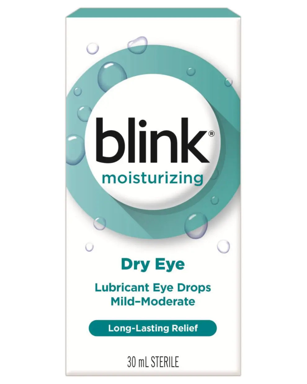 Blink moisturizing dry eye lubricant eye drops box, 30 mL, long-lasting relief packaging