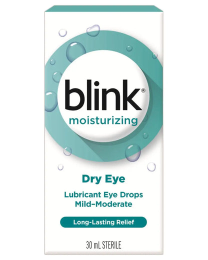 Blink moisturizing dry eye lubricant eye drops box, 30 mL, long-lasting relief packaging