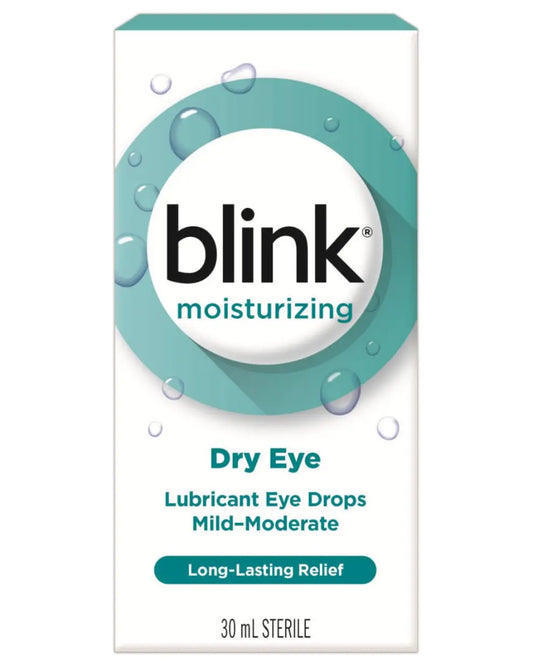 Blink moisturizing dry eye lubricant eye drops box, 30 mL, long-lasting relief packaging