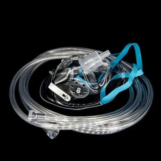 Clear oxygen mask with adjustable strap and tubing for respiratory medical care