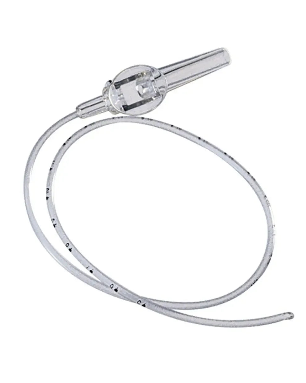 Clear medical feeding tube with measurement markings on a white background