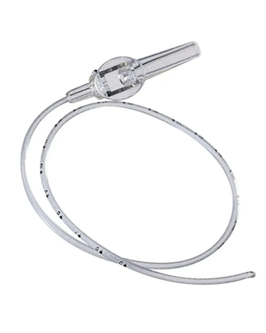 Clear medical feeding tube with measurement markings on a white background