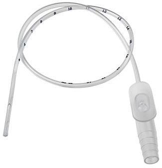 Medical suction catheter tube with connector, clear and marked for measurement, used in healthcare.